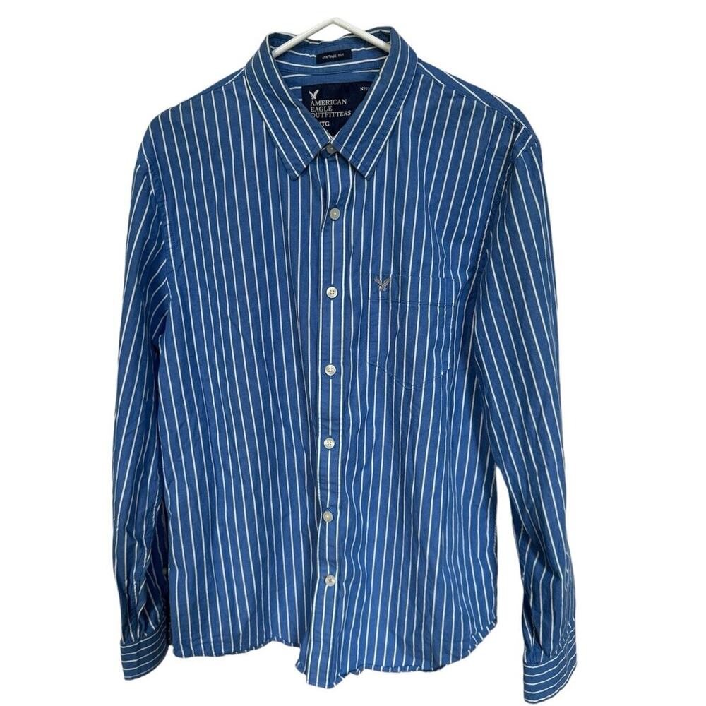 American Eagle Outfitters Mens XL Shirt Blue White Stripe No 77 Vintage Fit